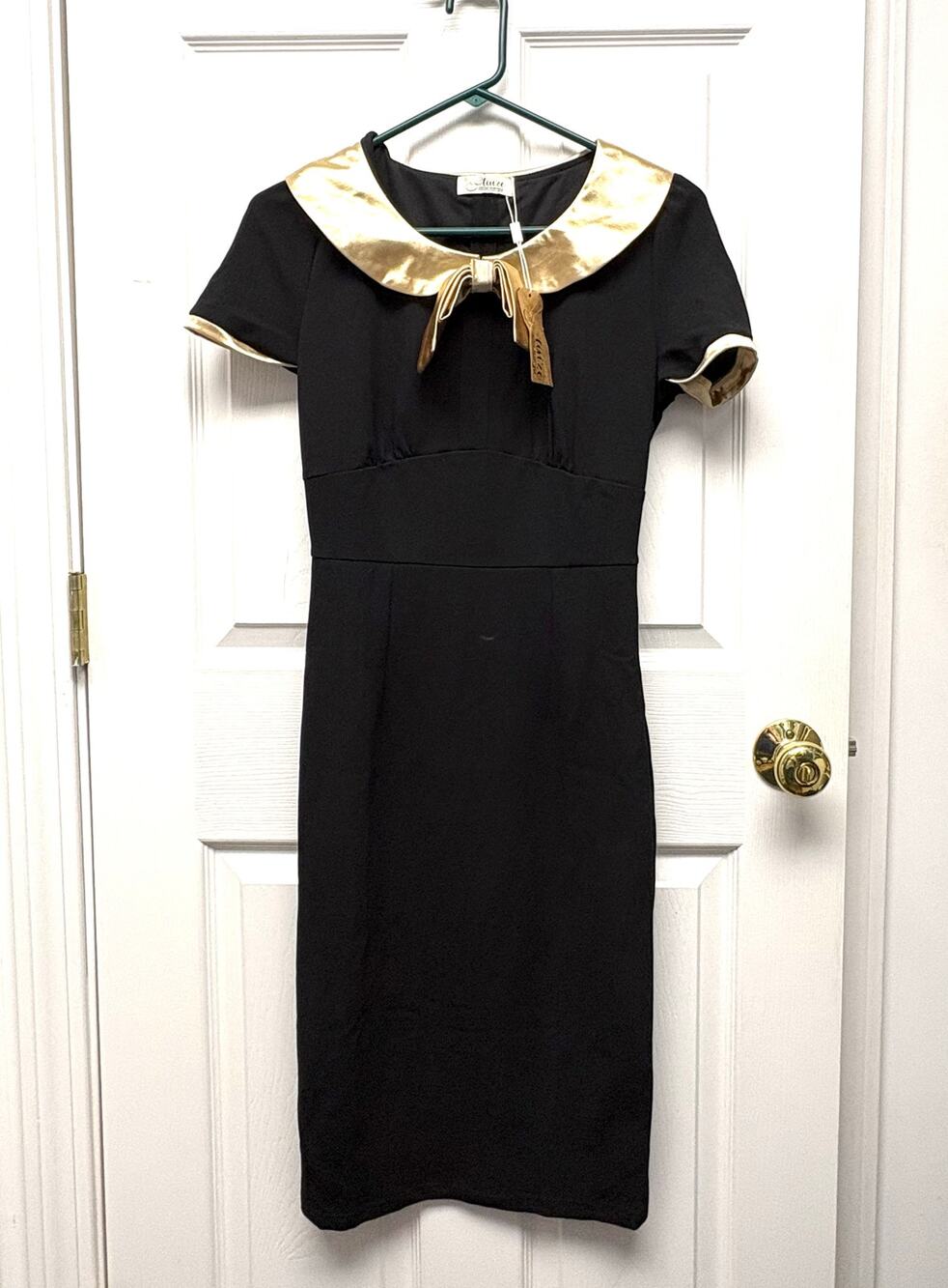AISIZE Dress Vintage Redefined Black Pencil Gold Collar & Cuffs Size S – A9137